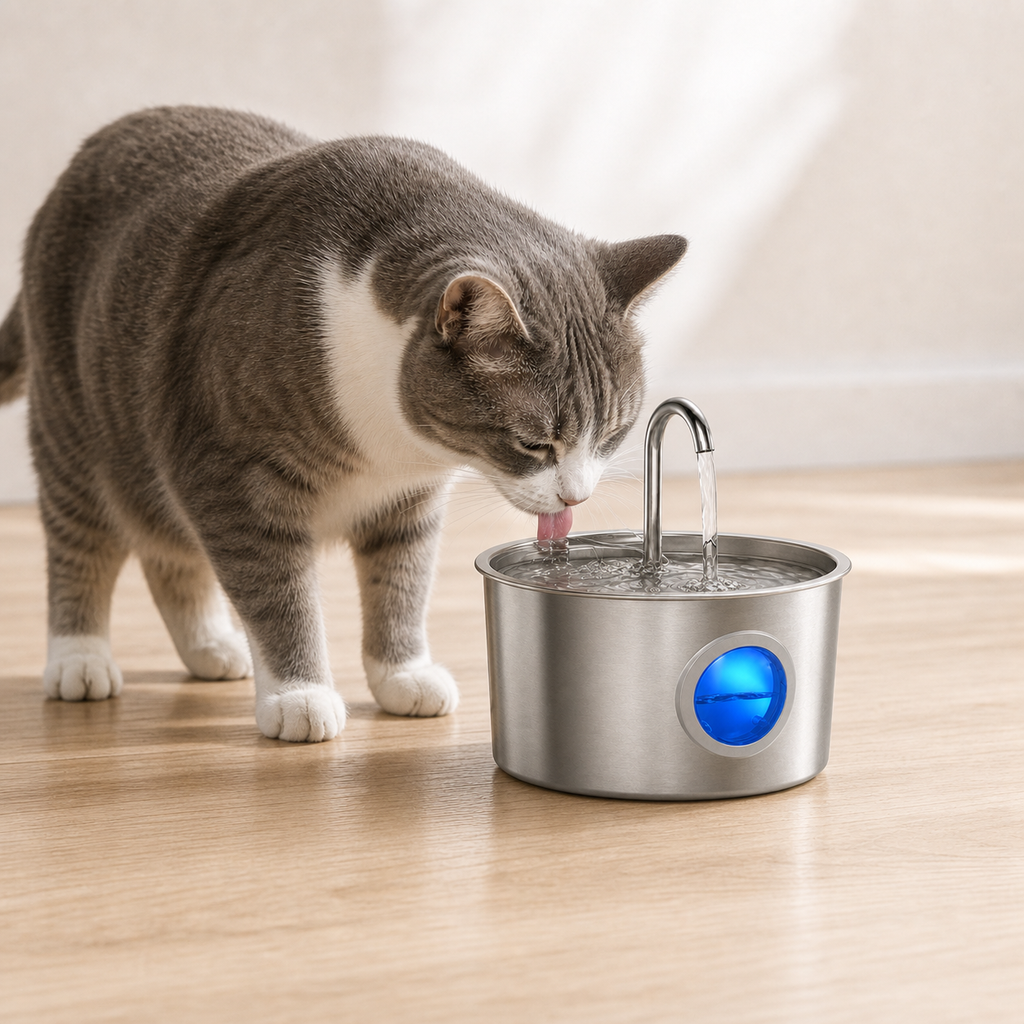 PureFlow Stainless Fountain lifestyle image with cat